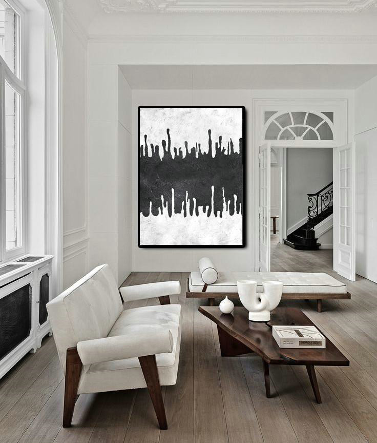 Large Contemporary Art Acrylic Painting,Black And White Minimal Painting On Canvas - Wall Art Ideas For Living Room